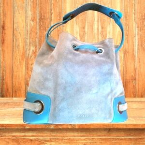 Bally Authentic Leather and Suede Two-Tone Aqua and Gray Bucket Style Bag